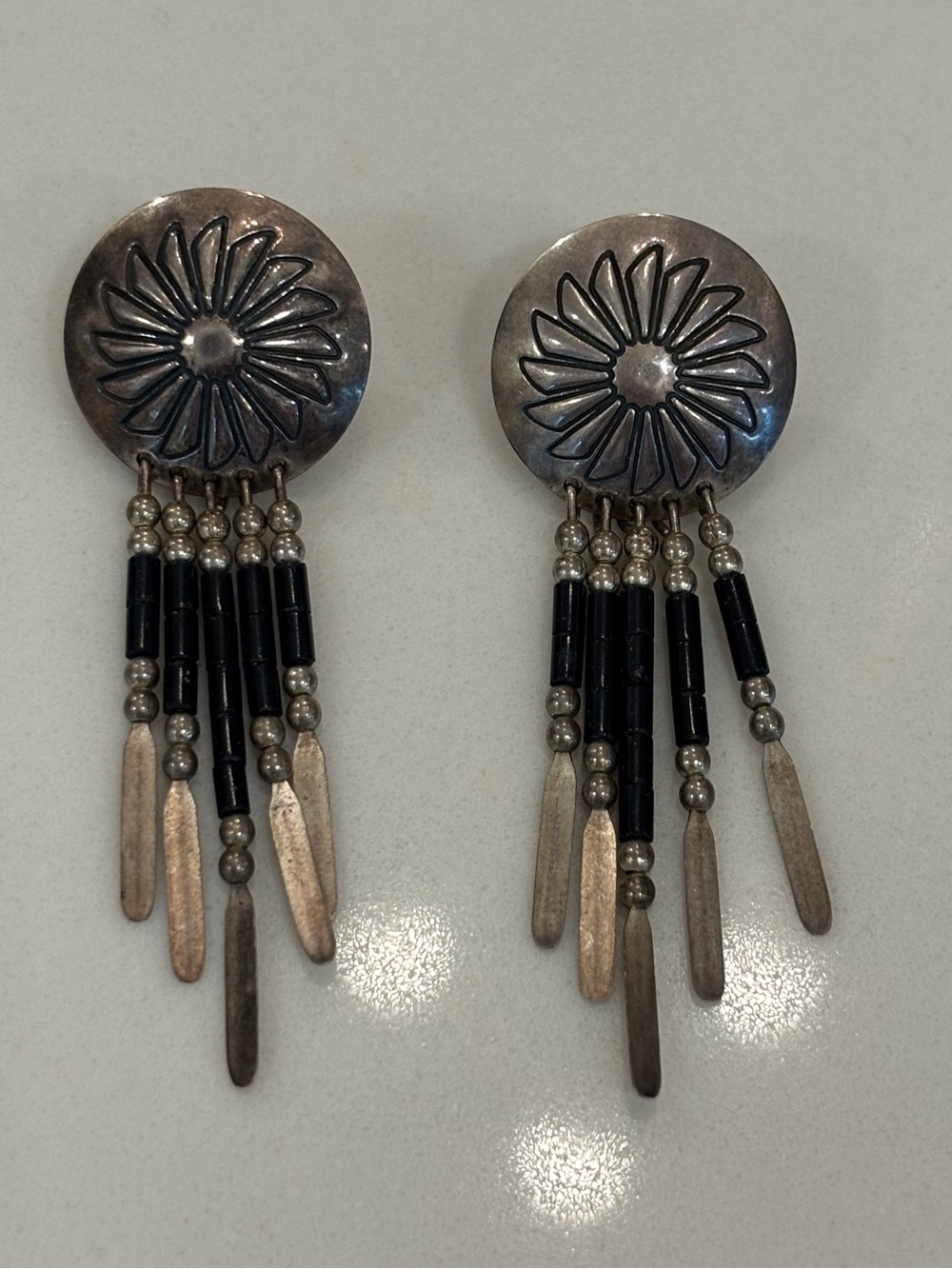Silver Navajo Concho Dangle Earrings with Onyx Beads